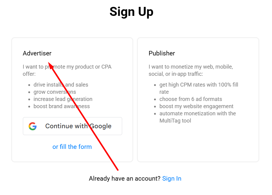 Propeller Ads signup