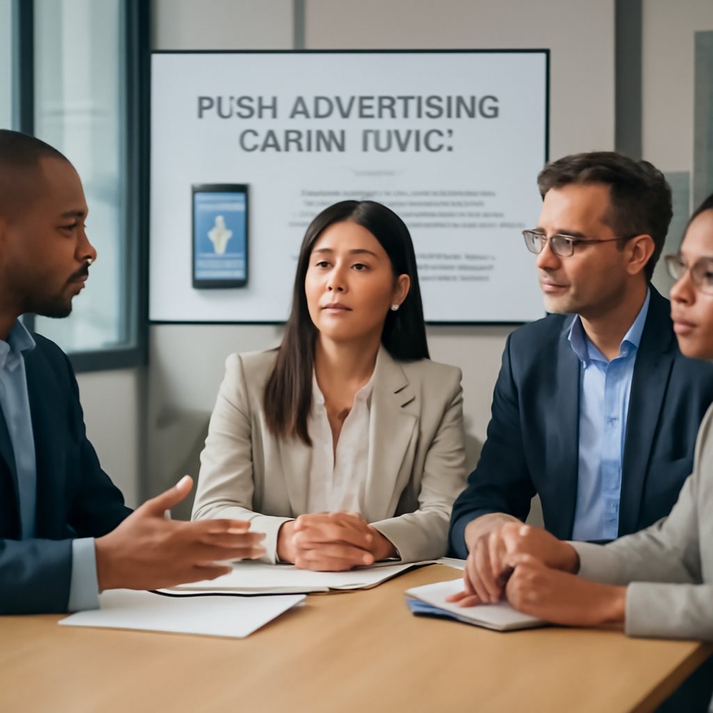 a professional setting with a diverse team discussing push advertising compliance